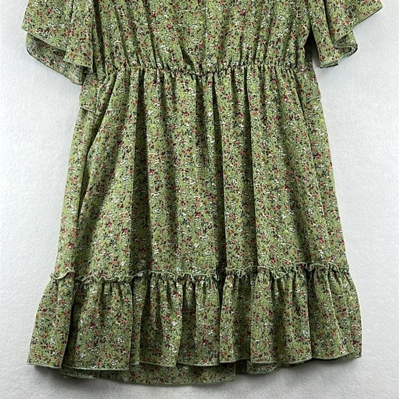 Manydress Dress Sz L Green Floral Print Flutter Sleeves V-Neck Ruffled Hem EUC - Picture 5 of 8